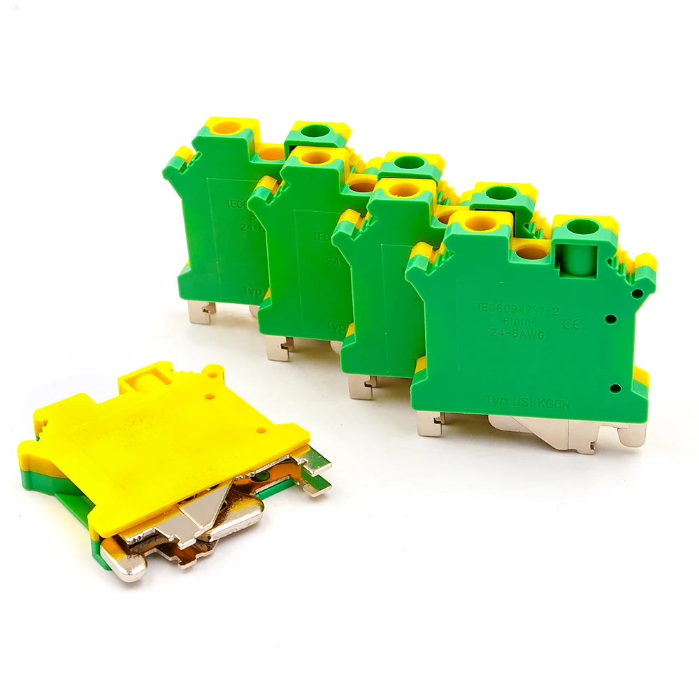 10Pcs USLKG 6 DIN Rail Terminal Block High Current Grounding 500V 50A Screw Connection Conductor