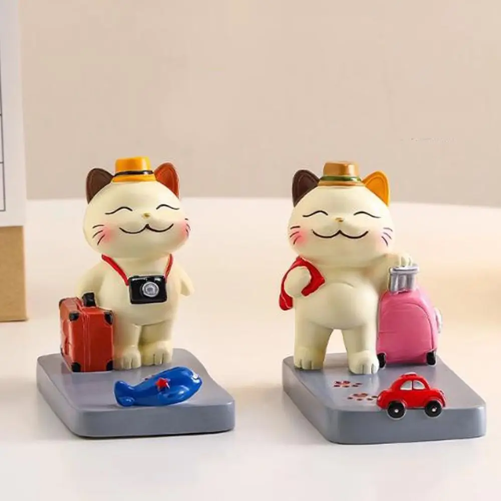 Creative Mini Cat Figurines Cute Resin Craft Miniature Travel Cat Slot Design Phone Stand Lucky Cat Figurines Desktop Decoration