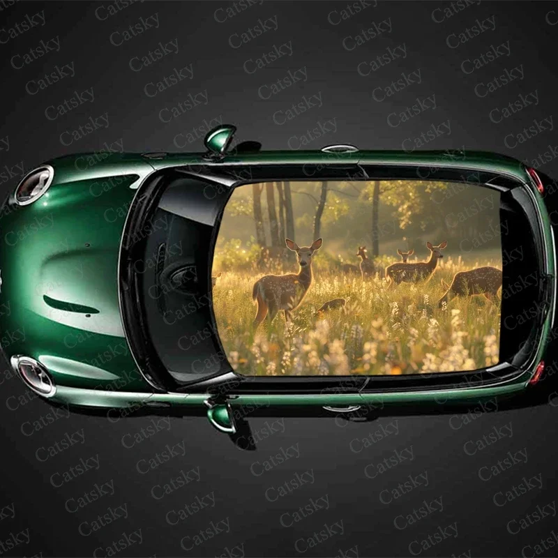 Wildlife in Summer Meadow Car Roof Sticker Wrap Racing SUV Accessories Packaging Painted PVC Custom Car Graphic Decal