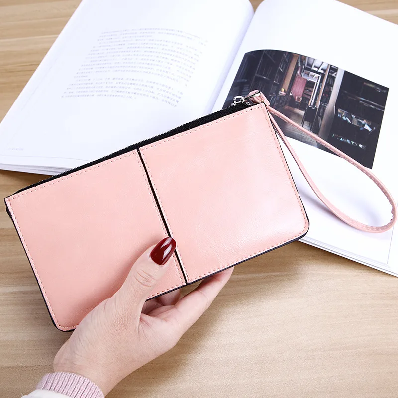 

Large Capacity Phone Purse Ladies Oil Wax PU Leather Clutch Wallet Wristband Simple Card Holder Pouch Bag Handbag
