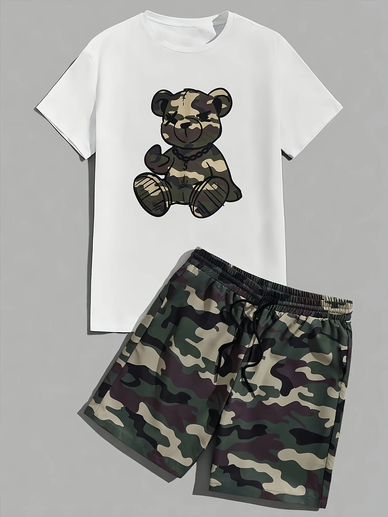

2026 Fun Bear Harajuku T-Shirt Men's Summer Casual Couple Set Outdoor Streetwear Short-Sleeve T-Shirt and Shorts Two-Piece Set
