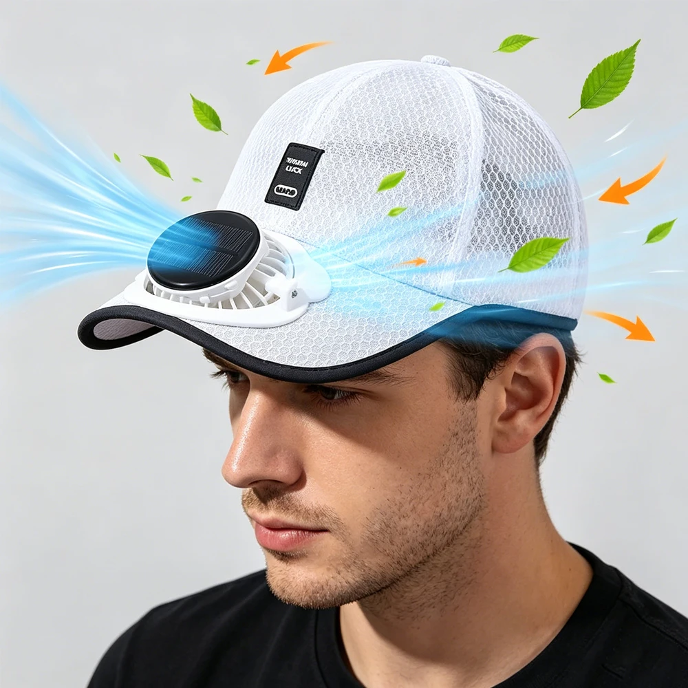 1Set Solar Powered Cooling Fan Hat – USB Rechargeable Mesh Baseball Cap, Hands-Free for Men Women Fishing Camping Beach