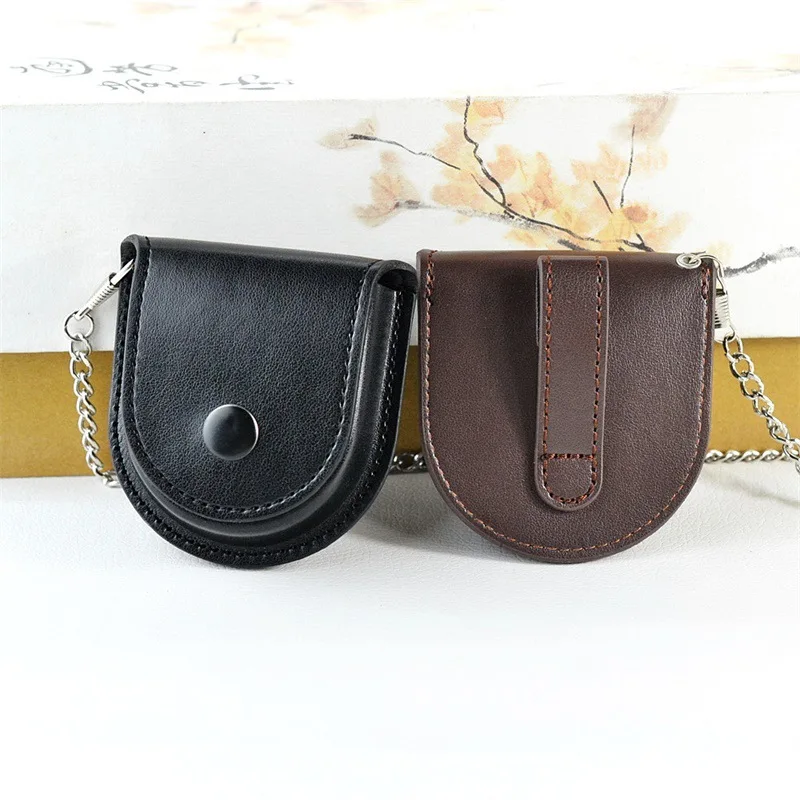 ‌Vintage Pocket Watch Case Simple Leather Cover with Buckle Chain Classic Protective Cover for Mechanical Quartz Watches‌
