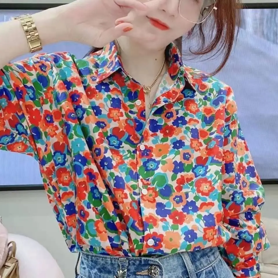 

2024 Women's Spring Autumn New Korean Floral Print Blouses Female Casual Chiffon Shirts Ladies Long Sleeve Loose Shirt E680