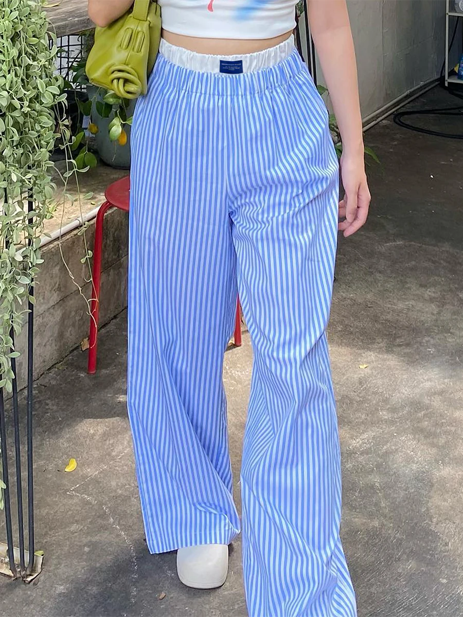 

Women Fashion Striped Trousers Elastic High Waist Wide Leg Pants with Pockets Y2K Harajuku Jogging Sweatpants Streetwear