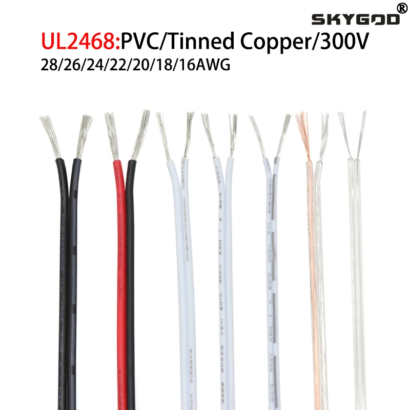 

1M/5M 28 26 24 22 20 18 16 AWG UL2468 2Pins Electric Copper Wire PVC Insulated Double Cores LED Lamp Cable White Black Red