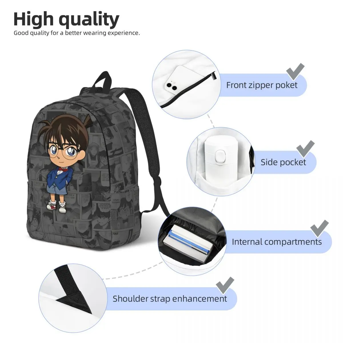 Detective Conan Edogawa Conan Zaino per uomo Donna Studente adolescente Zaino da lavoro Borse in tela per laptop con tasca