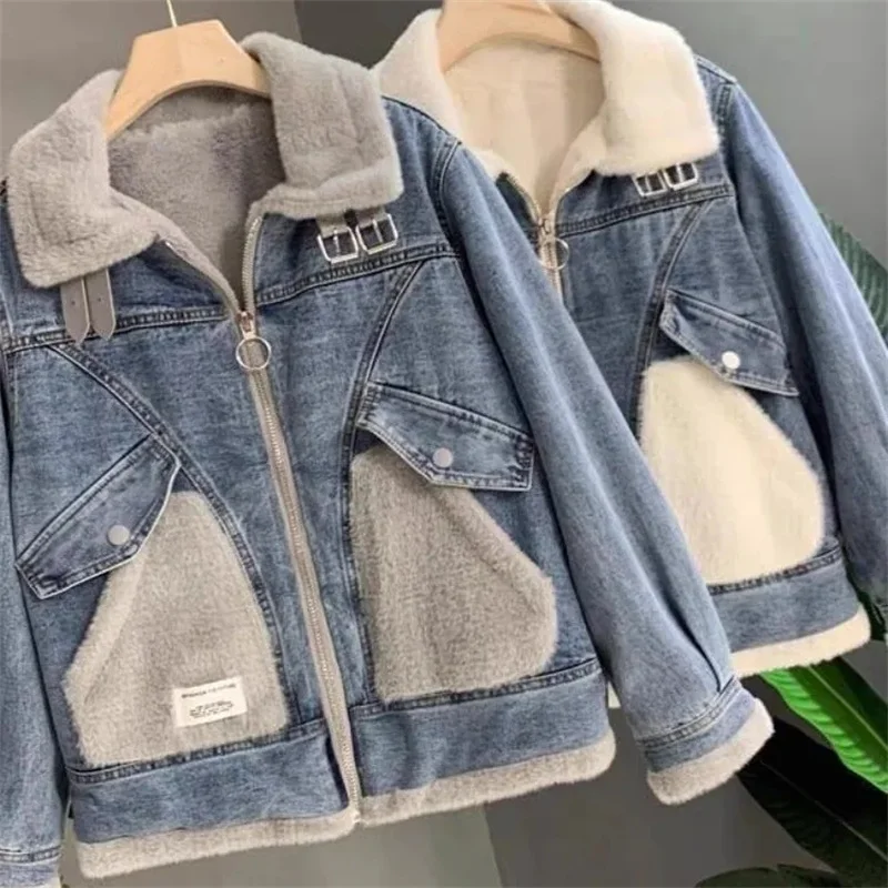 Faux Mink Velvet Stitching Denim Jacket Women's Fleece-padded Jackets Loose Jean Coats Lady Casual Warm Outerwear Autumn Winter