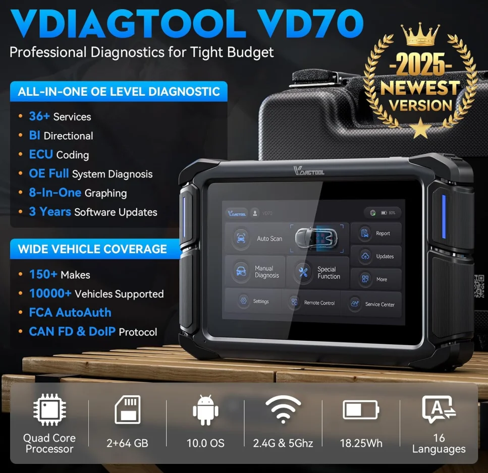 VDIAGTOOL VD70 Automotive  Scanner Bidirectional Diagnostic Tool CAN FD & DoIP ECU Coding  OE Full System Scan Tools 36+ Resets