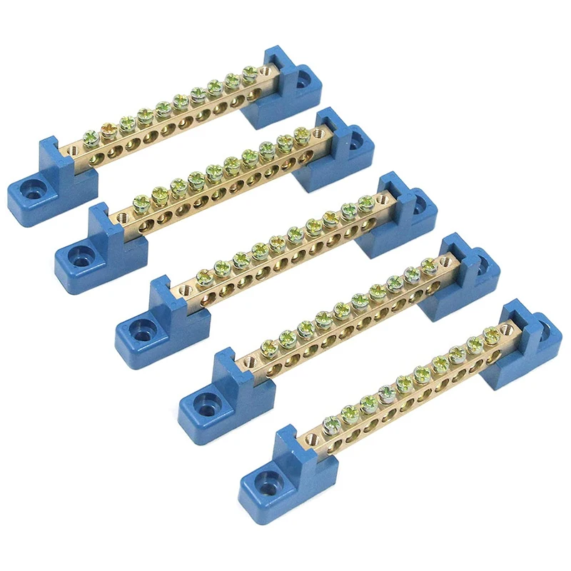 Terminal Block Blue Terminal Bus Bar 10 Positions Screw Brass Terminal Grounding Strip Bus Bar Block Pack of 5