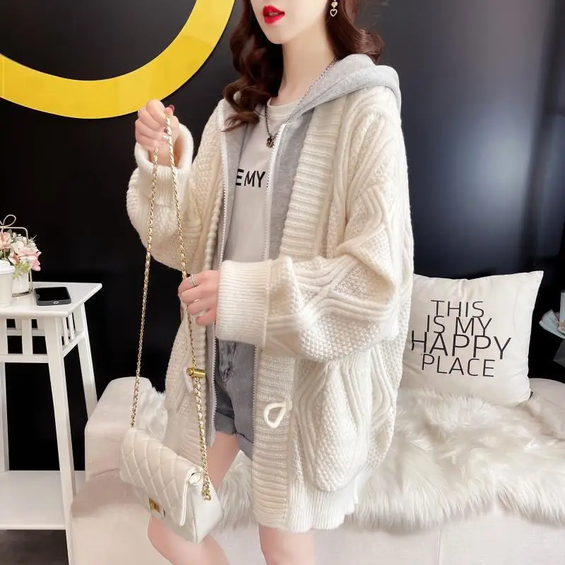 Women's Patchwork Fake Two Piece Hooded Sweater Coats Spring Fall Lady Casual Knitted Jacket Daily Joker Cardigan Female 2025