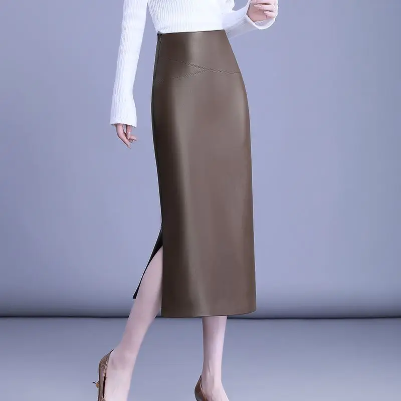 Women Faux Sheepskin Skirt Wrap Hip Leather Over The Knee Long PU Leather Skirt Female High Waist Sexy Split Package Hip Skirts