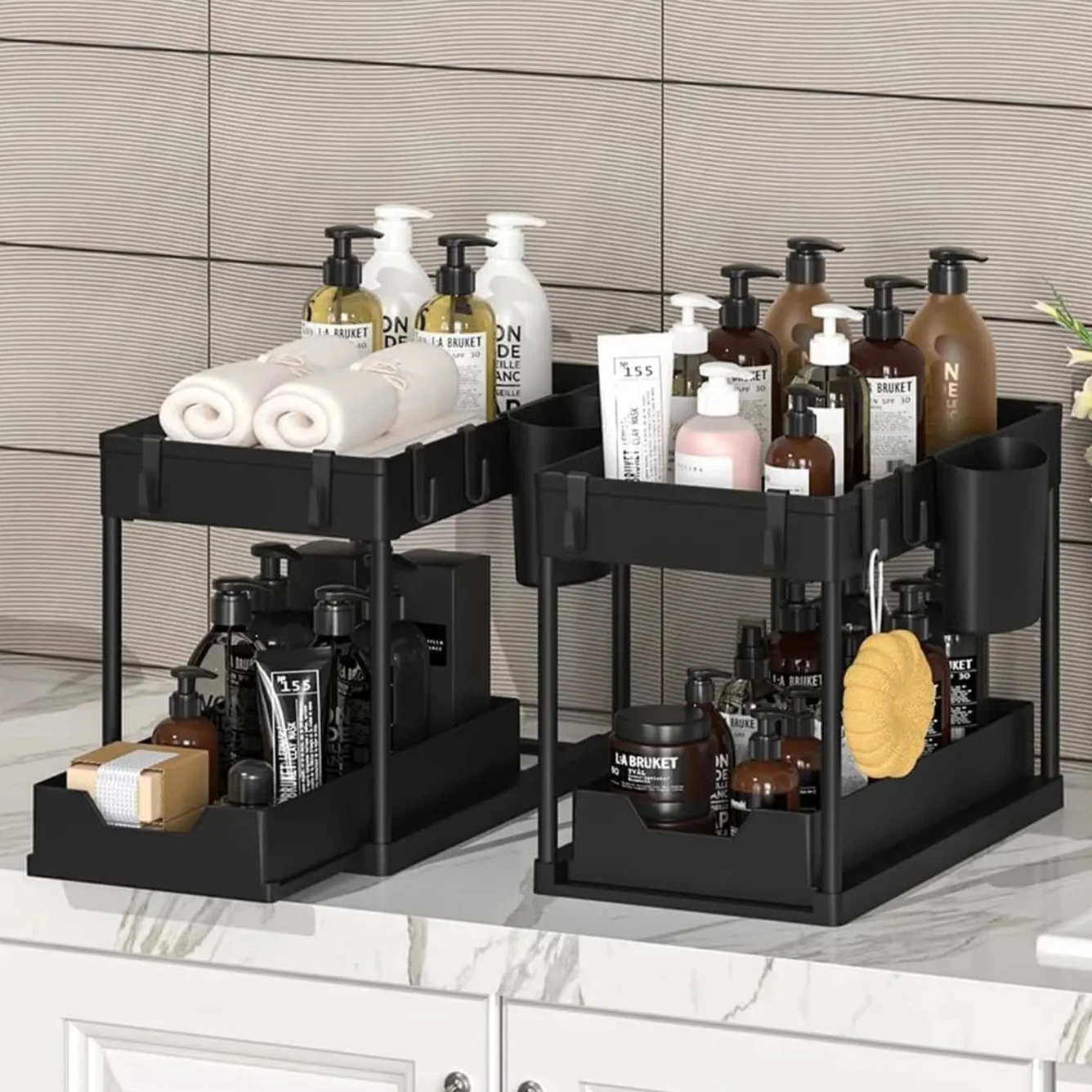 2/3-Tier Space Saving Makeup Rack with Gold Frame, Clear Plastic Countertop Skincare Shelf, Desktop Organizer for Perfume, Cosmetics, and Toiletries