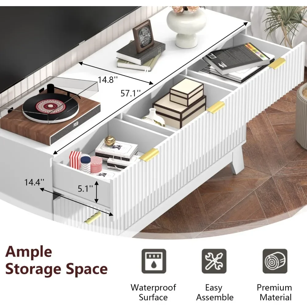 

Fluted 9 Drawer Dresser for Bedroom, 57 Wide Dresser Storage Cabinet and Chest of Drawers with Gold Handle, TV Stand