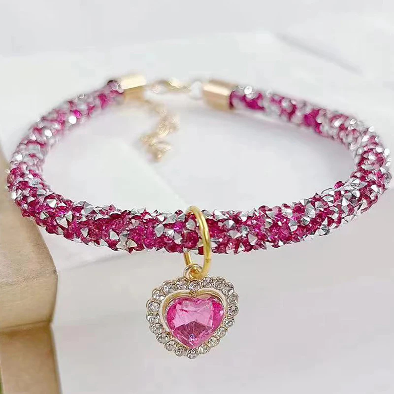 Sparkling Crystal Luxury Cat Collar with Heart Gemstone Pendant, Reflective Rhinestone Necklace for Cats, Puppy Pet Accessories