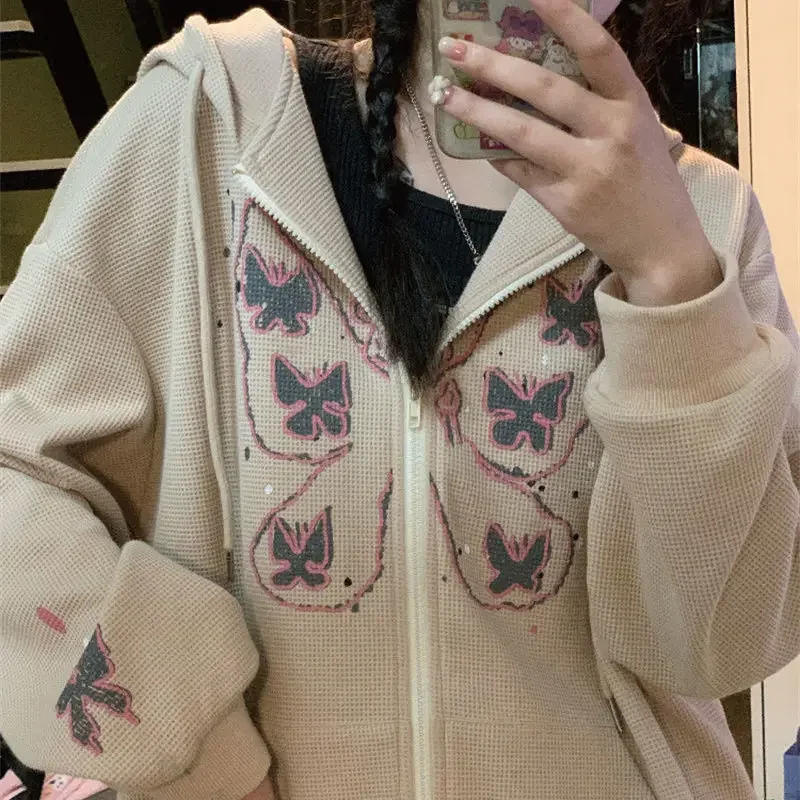 

Butterfly Cardigan Hoodie Jacket Women 2023 New Korean Harajuku Loose Retro Sweatshirt Oversized Zipper Women Y2k Tops Mall Goth