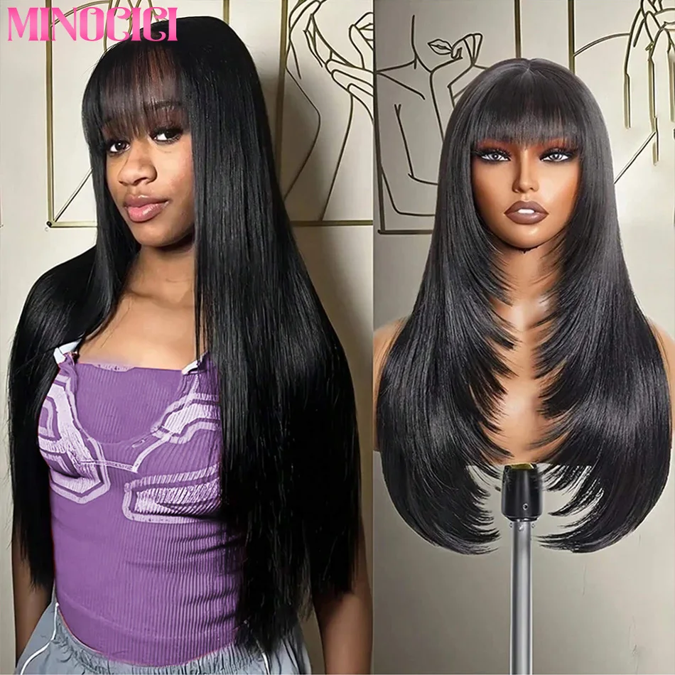 

3X1 Middle Part Lace Wig Bone Straight Human Hair Wigs With Bangs Brazilian Full Machine Made Human Hair Wigs For Black Women