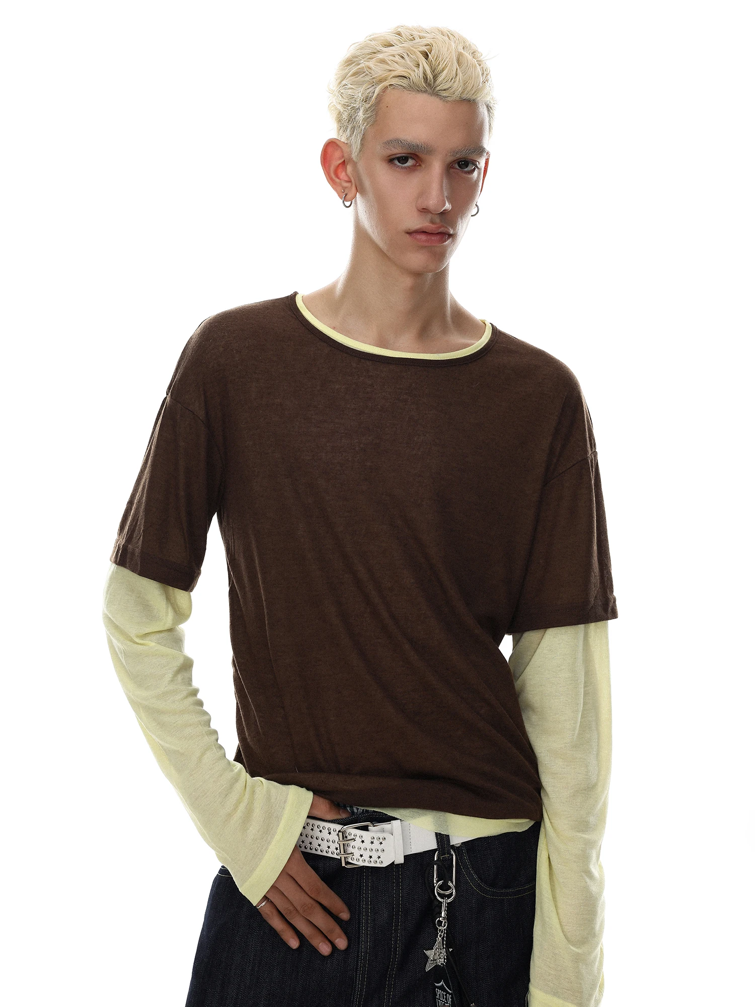 Loose Fit Long Sleeve round Neck T-Shirt Men's Casual Style Color Block Design Breathable Comfortable Polyester Cotton Blend