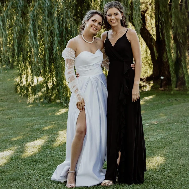 

MULONG Minimalist Leg Slit Wedding Dresses A-line Sweetheart Pleated Satin Vestidos De Novia Backless Sleeveless Robe De Mariée