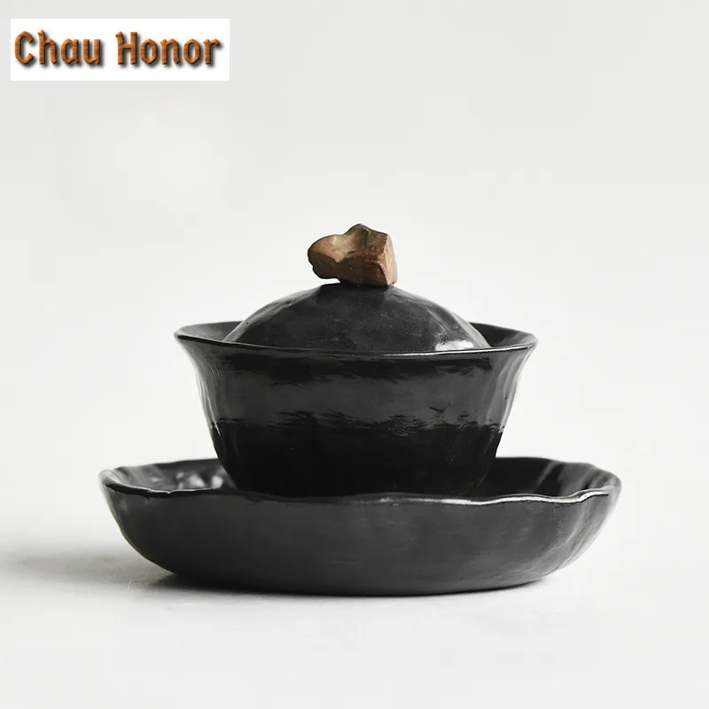 

120ml Handmade Wabi-sabi Black Coarse Gaiwan Vintage Tea Tureen Tea Bowl with Lid Kit Tea Making Cover Bowl Drinkware Ornaments