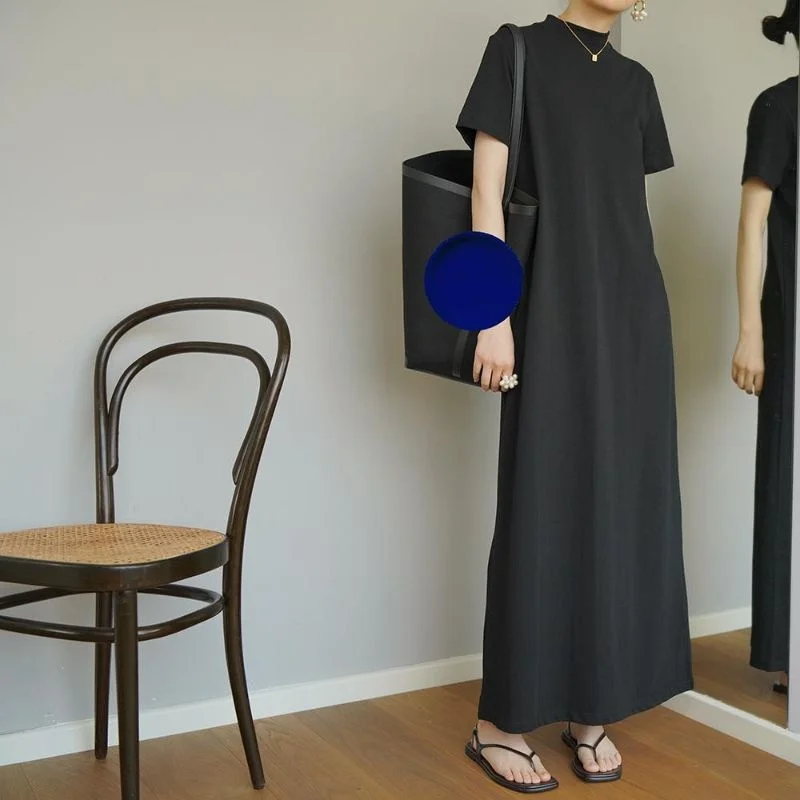 

plus Size Women's Bla ort Sve T-irt Dr Summer Loose Casual Long Skirt Faionable Straight Cut Korean Sle