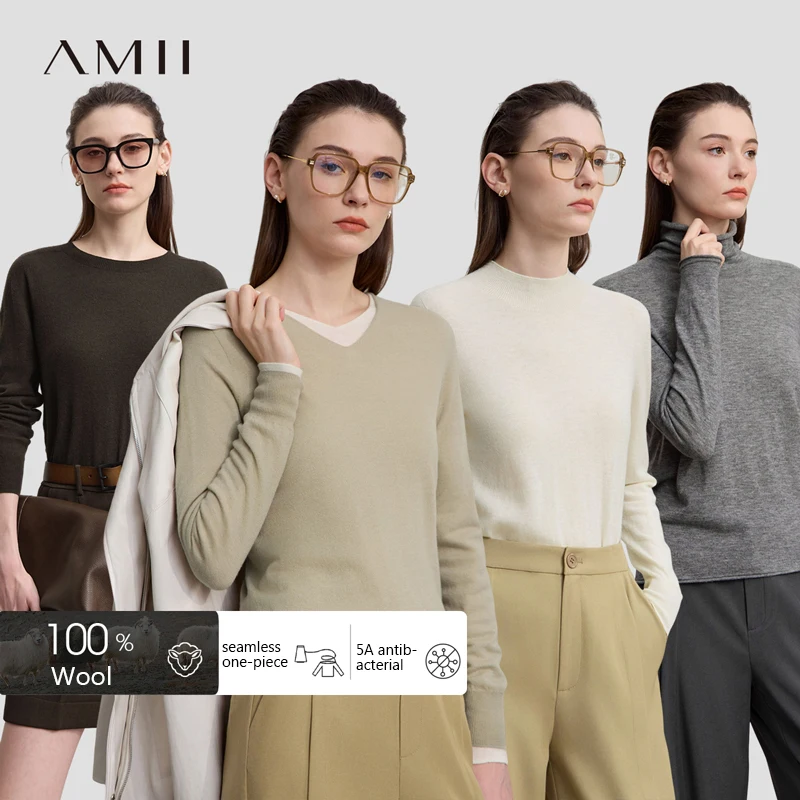 

AMII женский свитер, осень 2023, новый однотонный универсальный топ, женский вязаный шерстяной базовый пуловер с длинными рукавами для женщин 12523161
