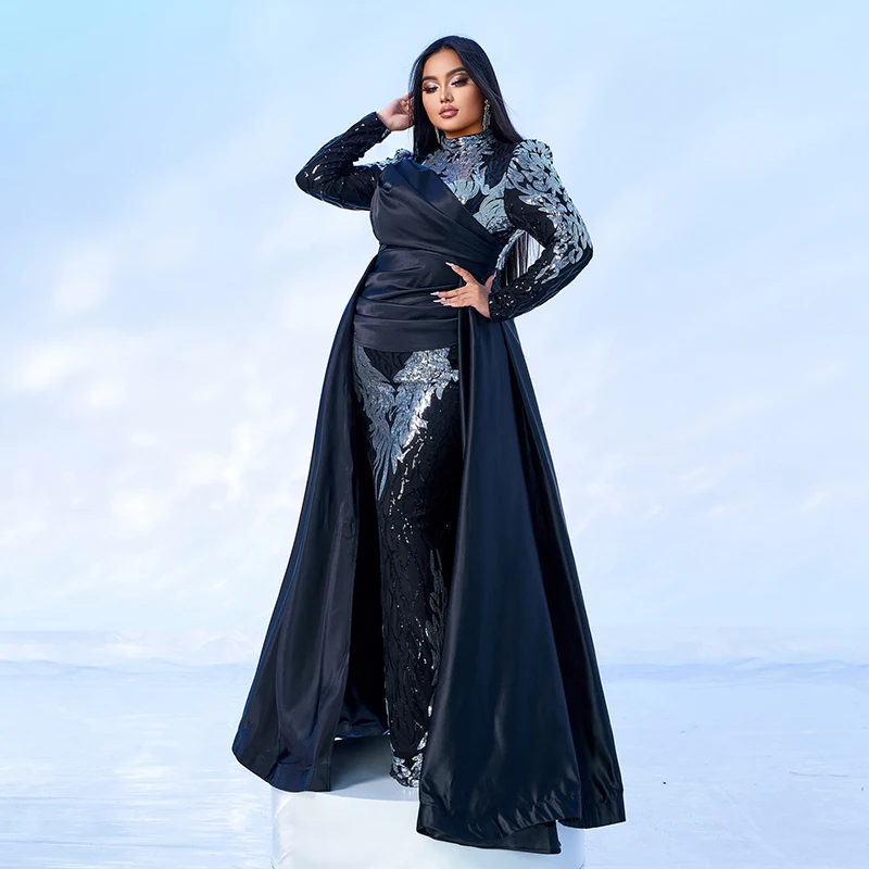 4XL Women Performance dress Long Sleeve O Neck Black Silver Sequins Ball Gown Cocktail Prom Formal Occasion Dresses