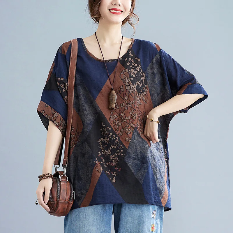 Cotton and Linen Large Size Lady Middle Age Summer Affordable Vintage Round Neck Casual Printing Loose Comfortable All-match Top