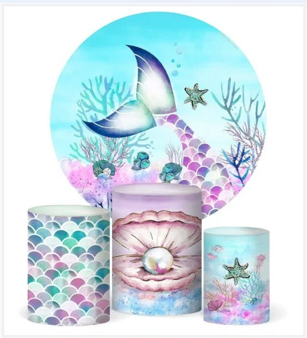 Undersea Mermaid Round Background Circle Backdrop Baby Shower Girl Birthday Party Decor Table Cylinder Cover Photo Studio