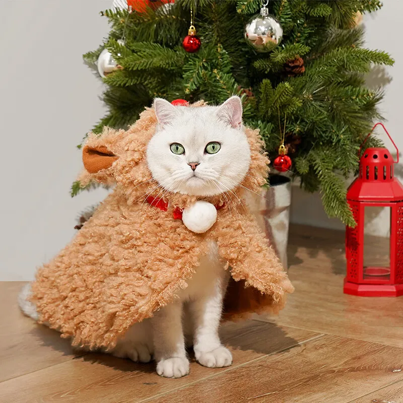

Christmas Velvet Elk Combination Winter Warm Pet Clothes Cat Cloak Thickened Autumn and Winter Bucket Cat Cape Winter Outwear
