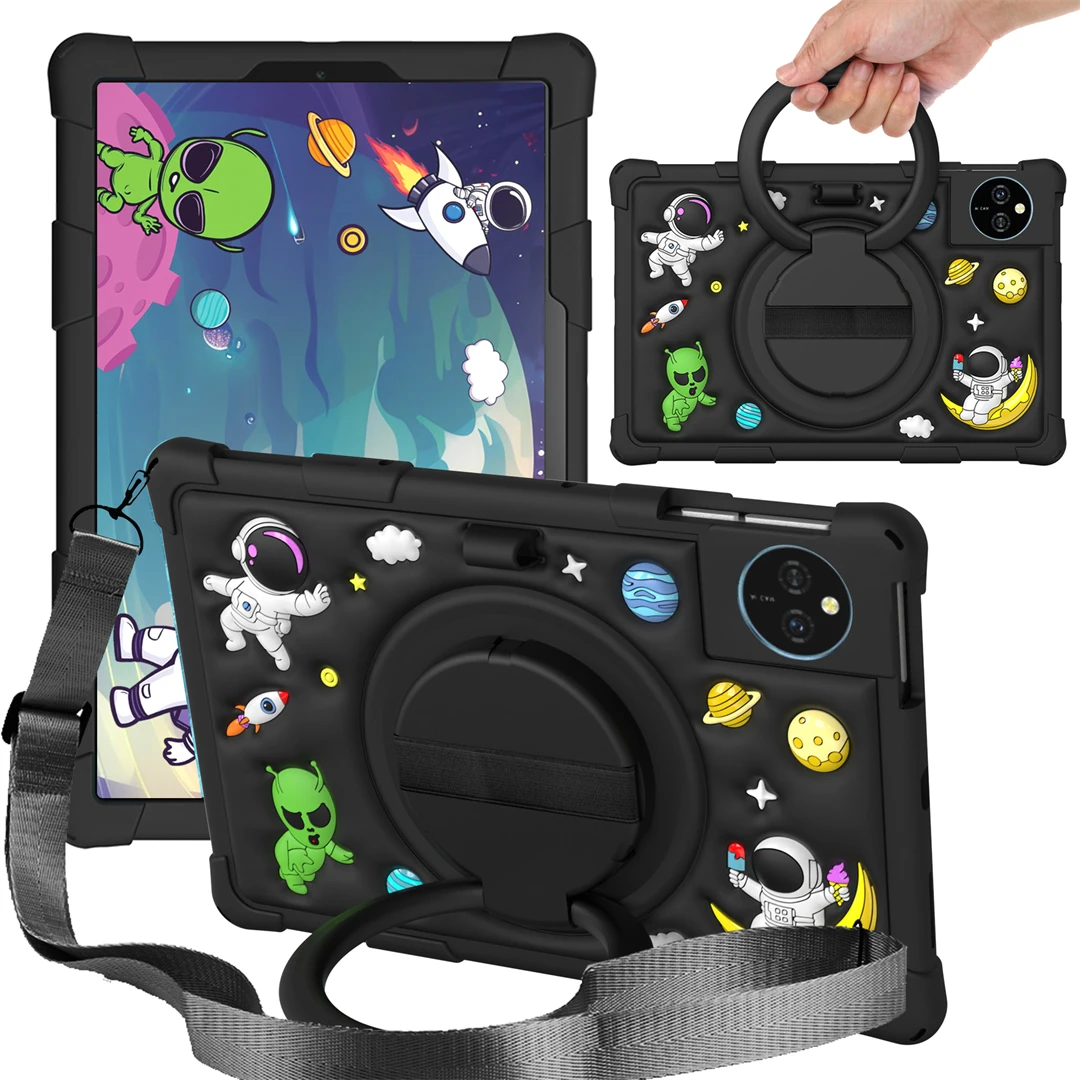 

round hole Cartoon Astronaut Kids Tablet Case Shockproof With 360° Rotating Stand Handheld Strap Multi Color For 11 Inch Tablet