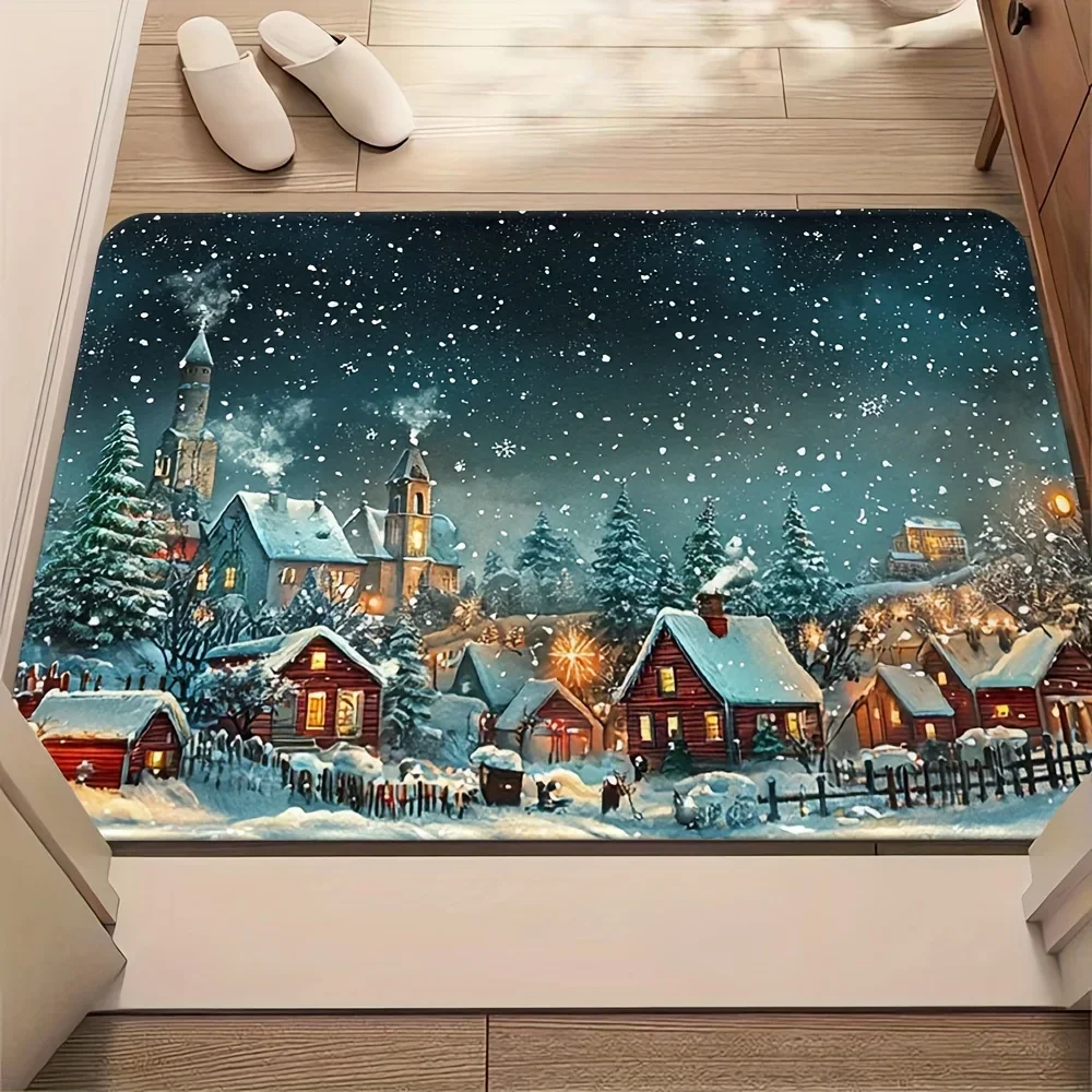 Snowy Winter Town Village Scene Christmas Printed Entry‑way Doormat, Snow‑landscape Holiday Floor Rug, Festive Household Decor