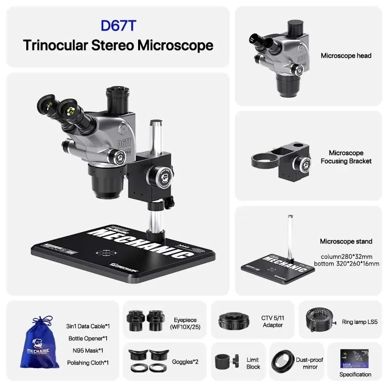 MECHANIC D67T-B11 Trinocular Microscope 6.5X-75X Zoom Industrial Thermal 4K Camera For Mobile Phones Motherboard Repair tools view 2
