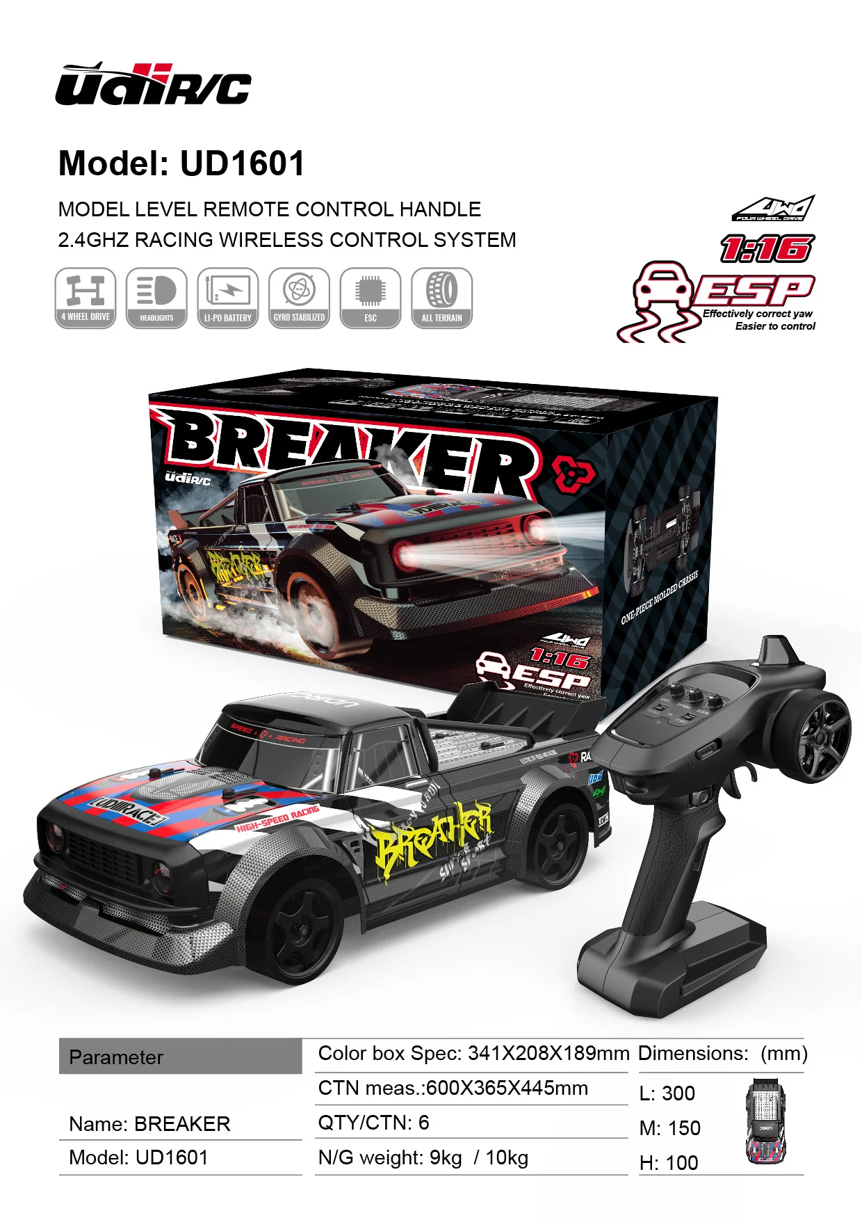 UdiRC-coche de carreras UD1601 Pro, 1/16, 2,4 GHz, 4WD, 40 km/h, Motor sin escobillas de alta velocidad, RTR con sistema electrónico de estabilidad