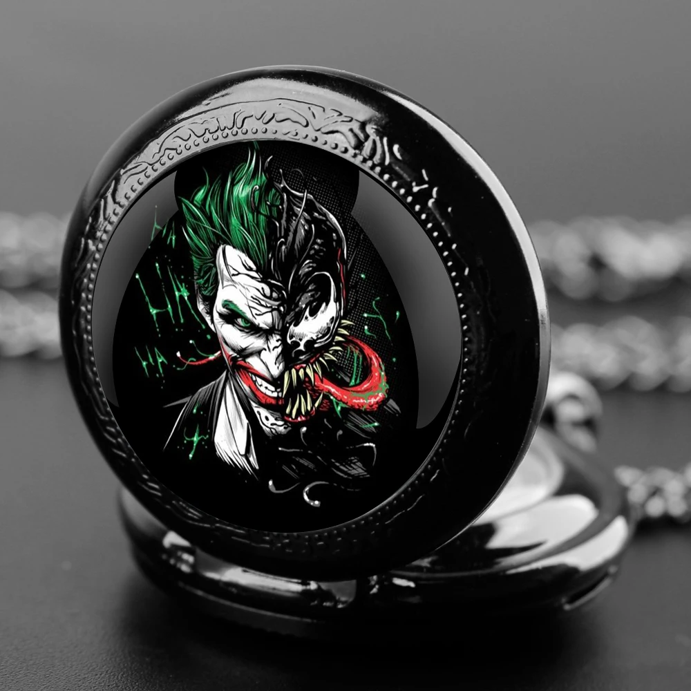 Joker Design Glass Dome Quartz Pocket Watch With Durable Chain Arabic Numeral Dial For Men And Women Creative Gifts