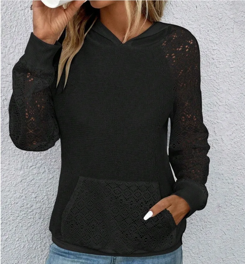 New Women Lace Waffle Patchwork Hoodie Casual Sweater