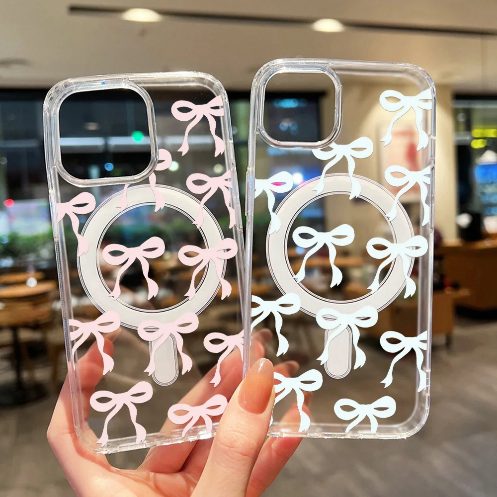 Fashion Pink Bow Magnetic Clear Case For Samsung Galaxy A56 A36 A55 A26 A16 A06 S25 Edge S24 Ultra S23 FE S22 For Magsafe Cover
