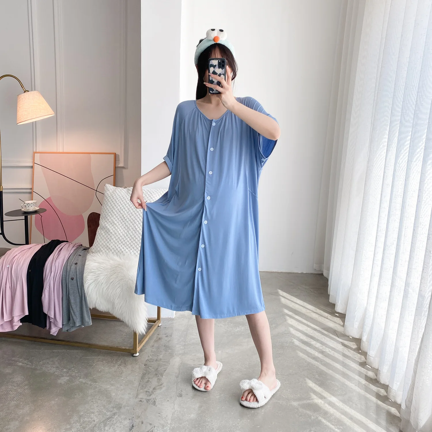 Women\'s 100% Cotton Nightgowns Button Down Nursing Pajamas Nightshirt Pregnant Woman Sleepshirt Pajama Dress Casual Nightdress