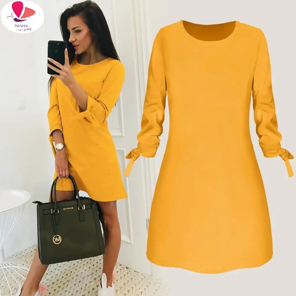 2019 Spring New Fashion Solid Color Dress Casual O-Neck Loose Dresses 3/4 Sleeve Bow Elegant Beach Female Vestidos