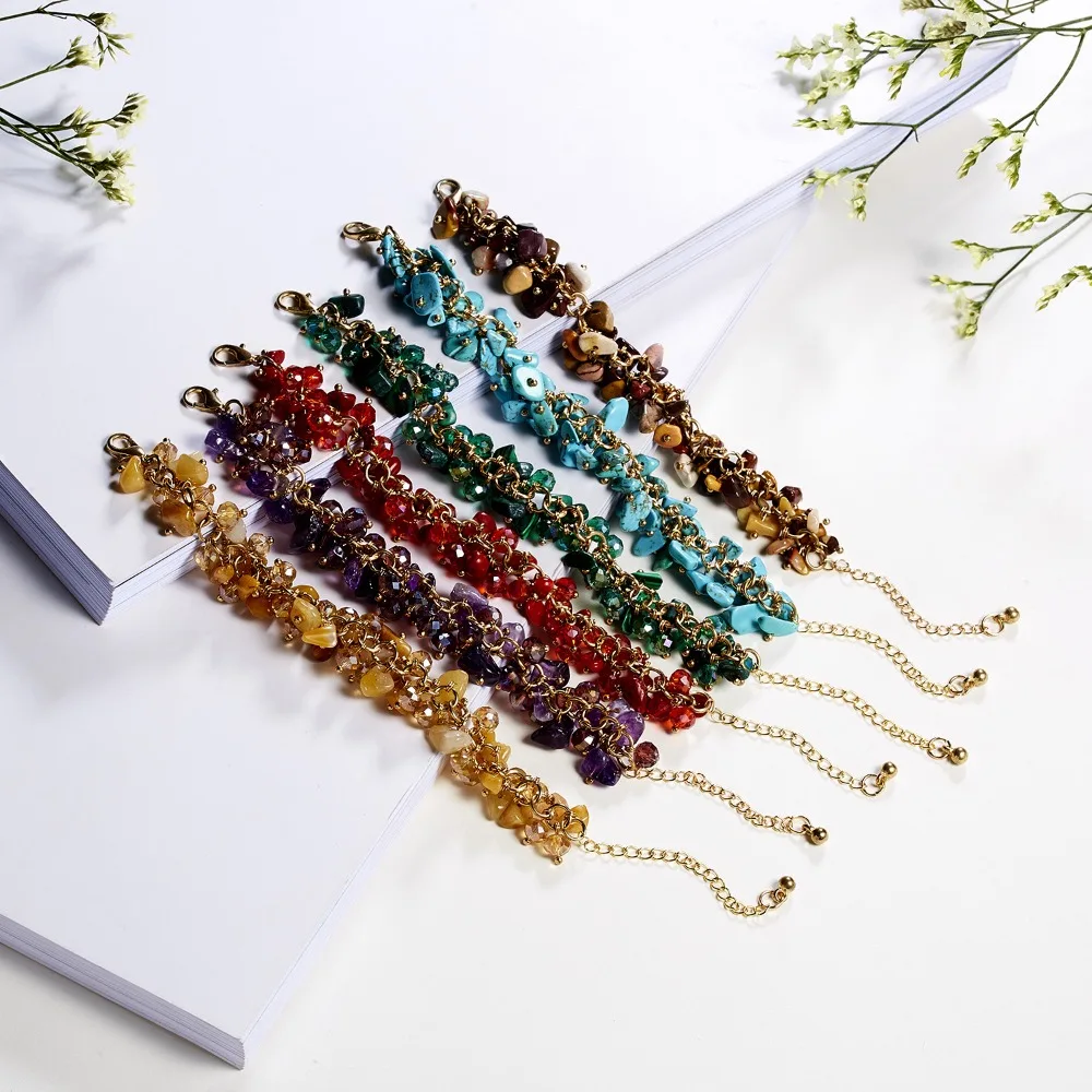 Bohemian Raw Crystal Stone Bracelet, Multi Color Gold Plated Chain Handmade Statement Bracelet Jewelry