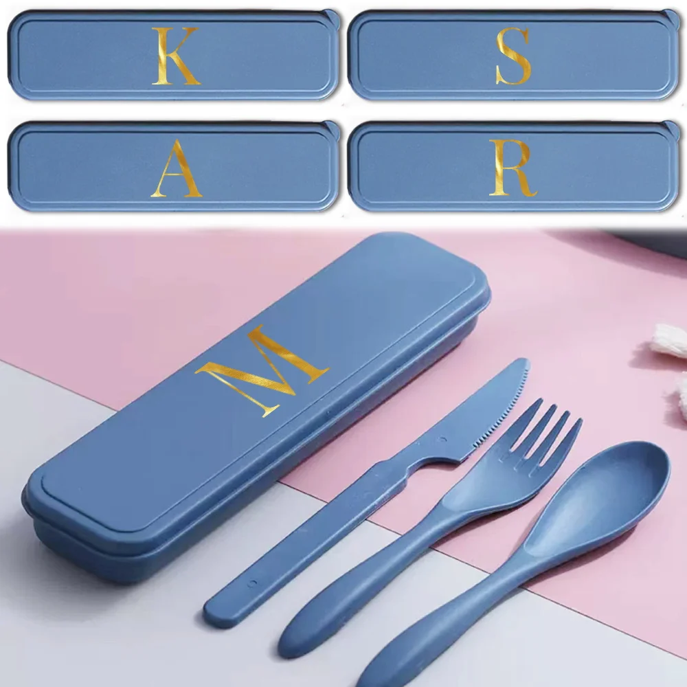 

3Pcs Wheat Straw Dinnerware Set Portable Kitchen Cutlery Organizer Case Travel Eco Friendly Cutlery Accessorie Letter Pattern