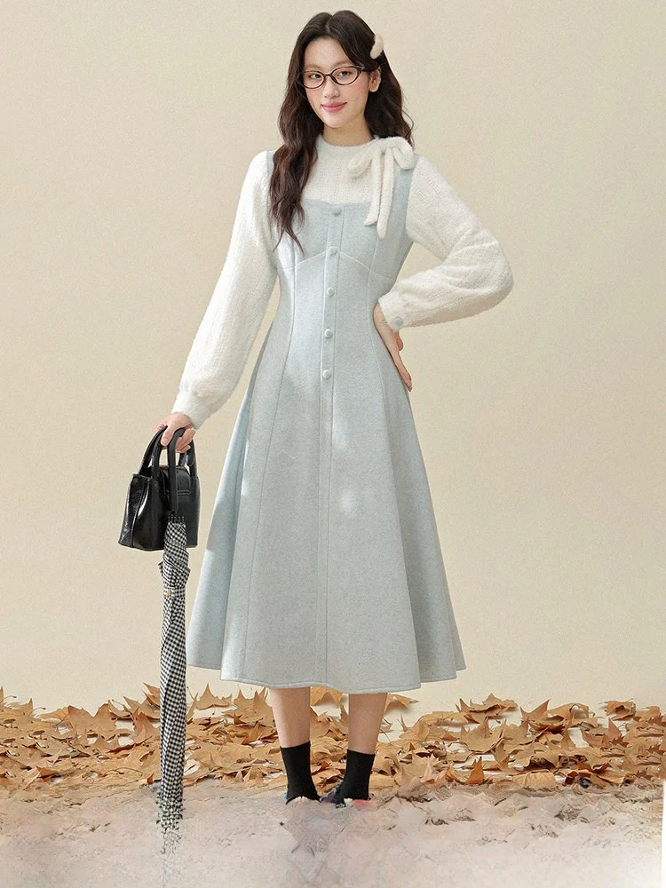 

Утепленное вязаное платье для женщин в стиле колледж, имитация двух частей, с длинными рукавами, на молнии, А-силуэт, зимнее, новинка