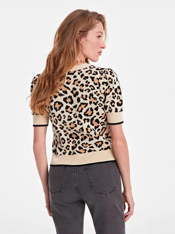 2025年レディース新作 レオパード柄ニットセーター ラウンドネック 半袖 プルオーバー Tシャツ カジュアル ストレッチトップス ファッション Y2Kスタイル