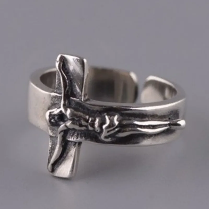 BOCAI S925 Sterling Silver Rings  New Retro Fashion Cross Jesus Crucifixion Opening Pure Argentum Jewelry for Men Women