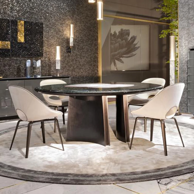 Post-modern light luxury round table and chair combination Italian simple household stainless steel marble restaurant table