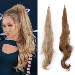 Envoltório flexível ao redor extensões do cabelo do rabo de cavalo, rabo de cavalo sintético encaracolado longo, cabelo ondulado, bonito