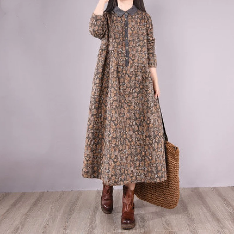

2025 Autumn and Winter New Mid To Long Loose Casual Thick Floral Cotton Dress