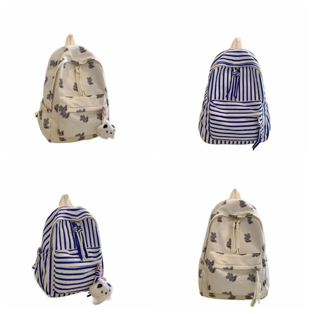 Mochila a rayas de oso de dibujos animados de animales para estudiantes, bolso de mano de Graffiti, bolso escolar de nailon con cremallera, bolso de hombro a rayas para adolescentes