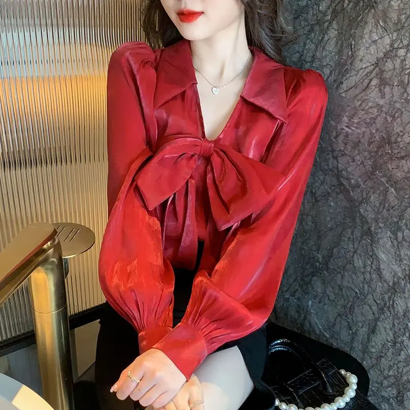 Fashion Lapel Spliced Button Lace Up Bow Blouse Women\'s Clothing 2023 Spring New Casual Pullovers All-match Office Lady Shirt