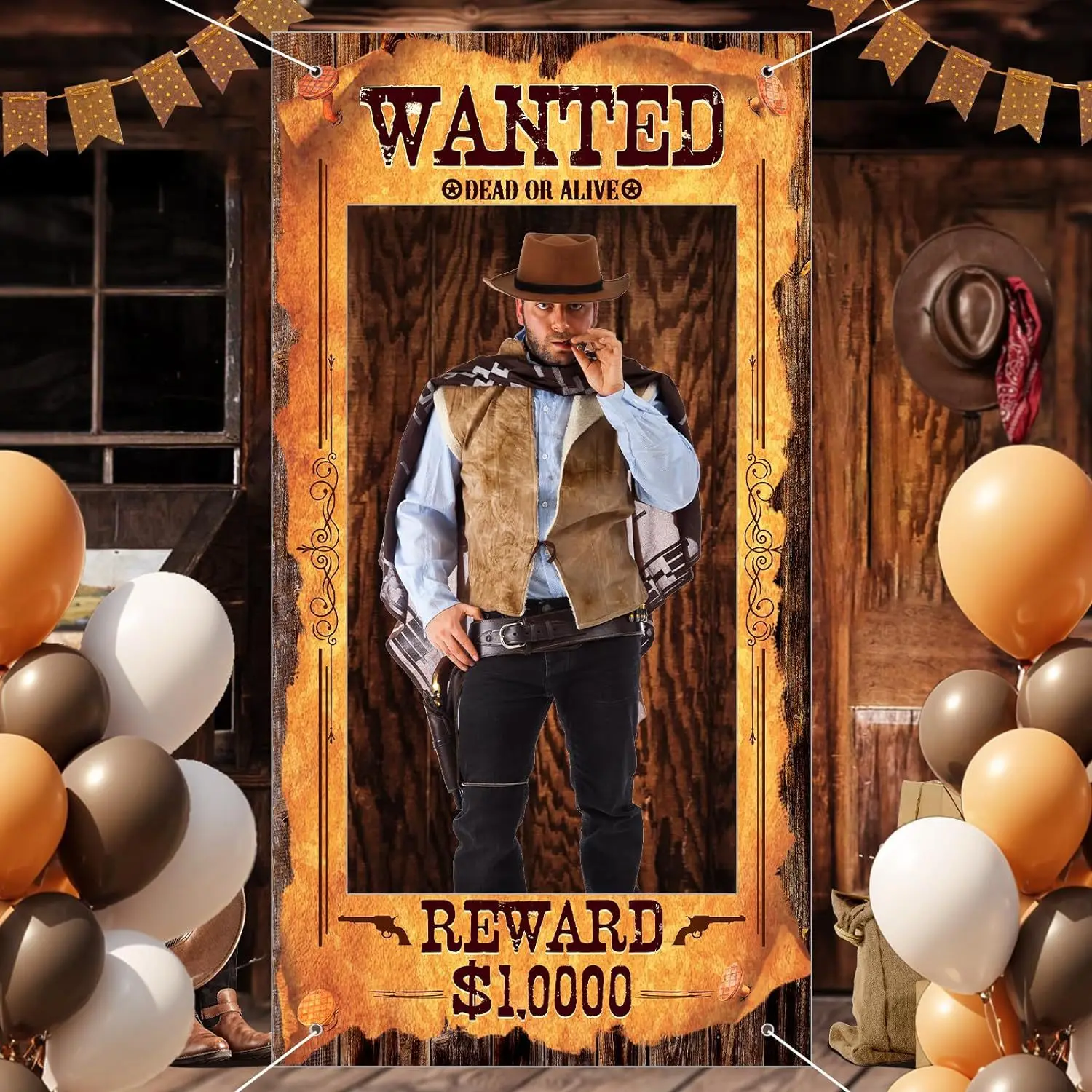 Cowboy Party Decoration Western Wanted Photo Booth Props Retro Wild West Birthday Photo BackdropBanner